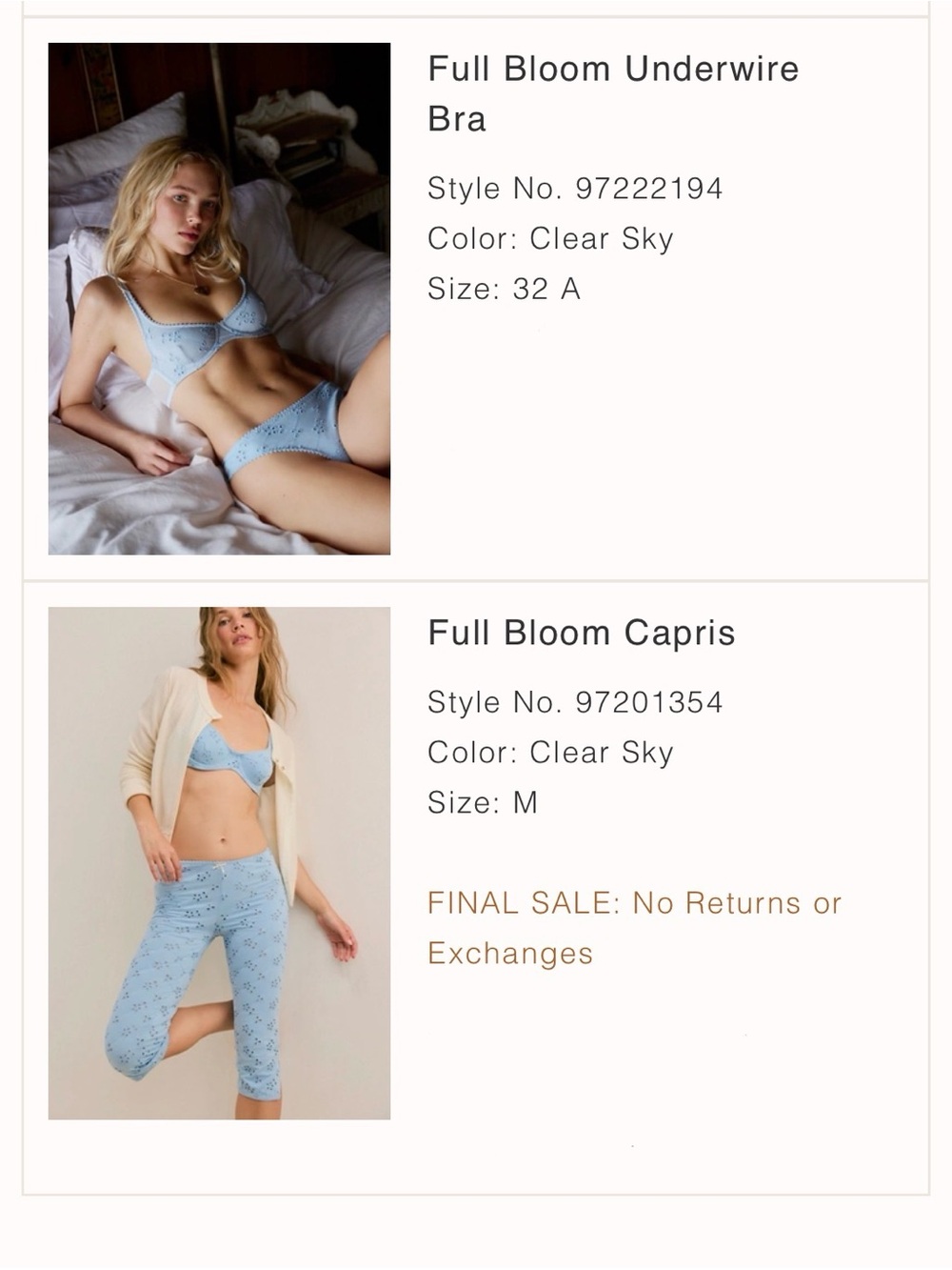 Light Blue Eyelet Cotton Sleep Bra and Capri Set - Picture 3 of 3